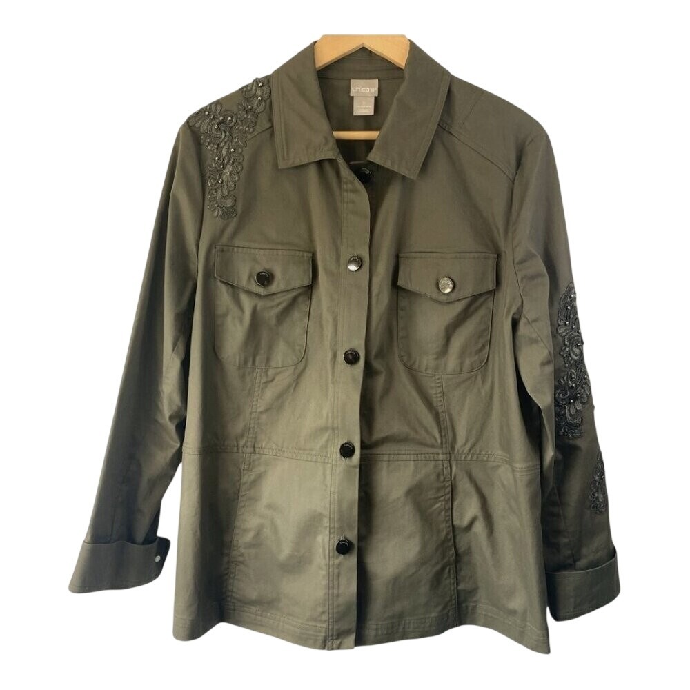 Chico's Women's Lace Applique Embellished Utility‎ Jacket Olive Size 3 US 16/18